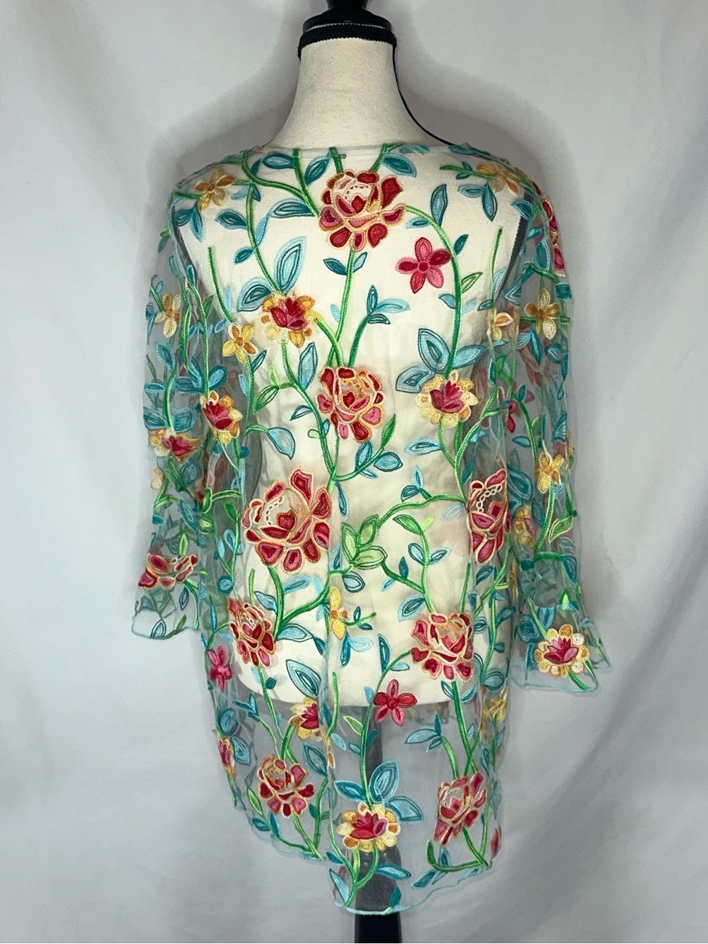 Sheer Floral Embroidered Tunic Oversized Boho Festival Medium Whimsy - Picture 4 of 9